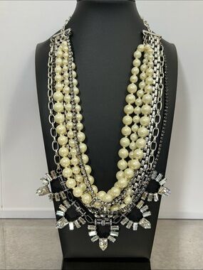 Stella & Dot Ivory Pearl and Silver Crystal Multi-Strand Necklace